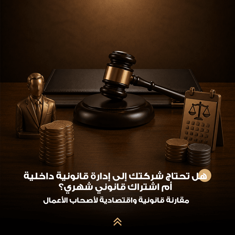 هل تحتاج شركتك إلى إدارة قانونية داخلية أم اشتراك قانوني شهري؟ مقارنة قانونية واقتصادية لأصحاب الأعمال